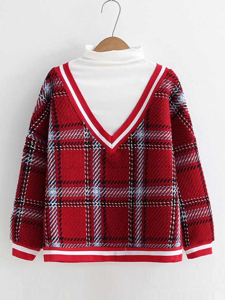 Romwe Striped Detail 2 In 1 Plaid Sweatshirt