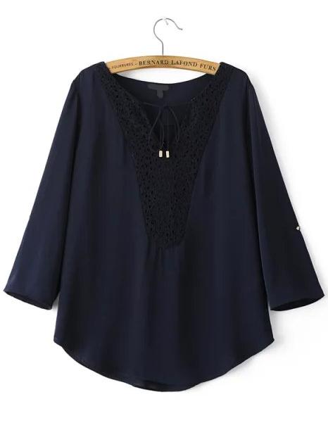 Romwe V Neck Lace Insert Blouse
