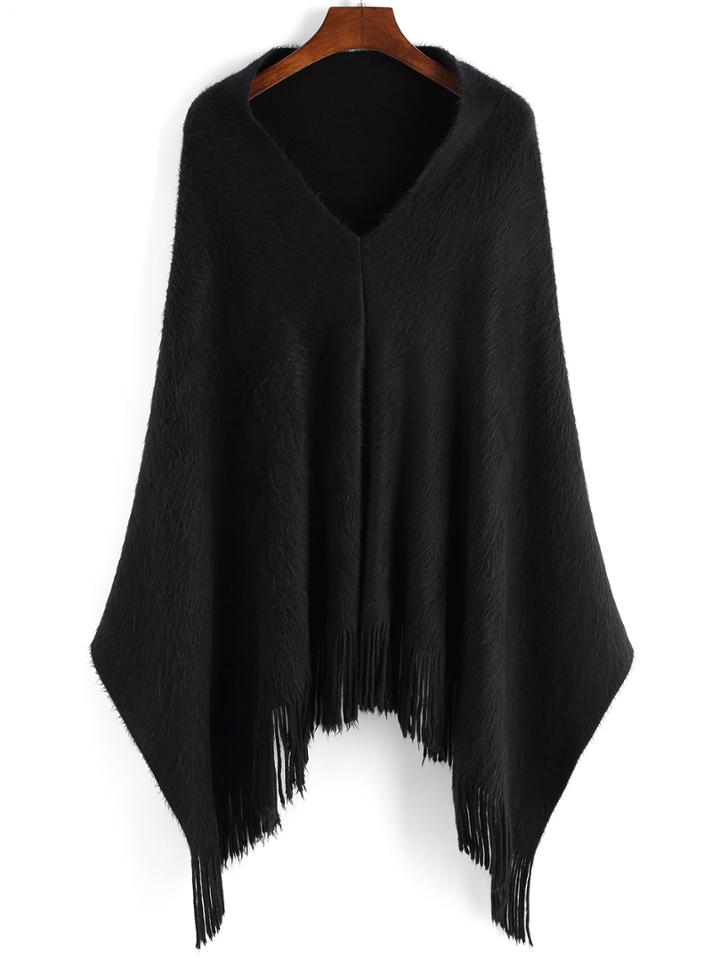 Romwe V Neck Fringe Black Poncho