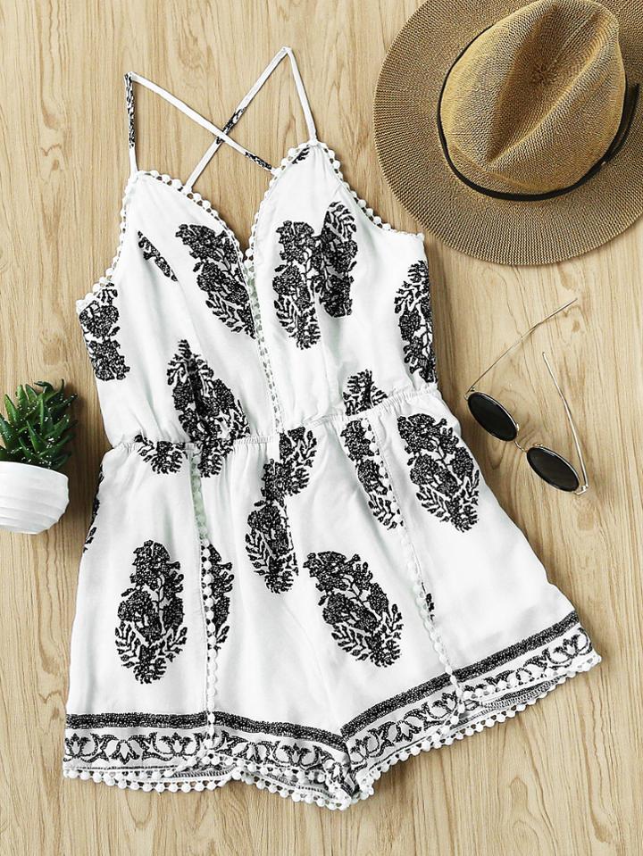 Romwe Aztec Print Criss Cross Back Pom Pom Trim Romper