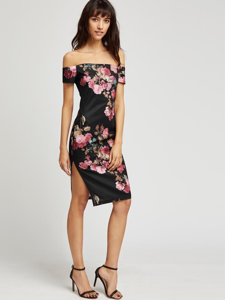 Romwe Off Shoulder Floral Print Slit Side Dress