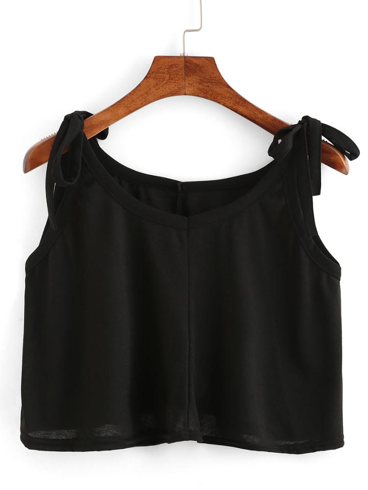 Romwe Tie Shoulder Crop Cami Top - Black