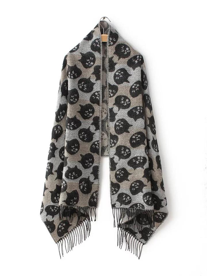 Romwe Beige Stripe Kitty Head Jacquard Fringe Shawl Scarf