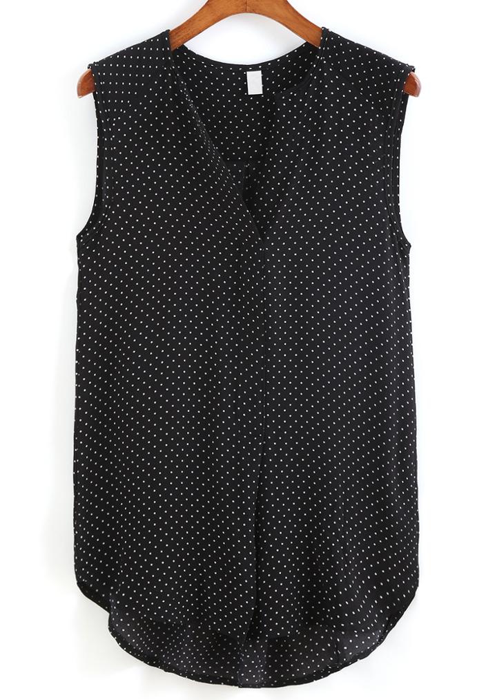 Romwe V Neck Dip Hem Polka Dot Chiffon Black Tank Top