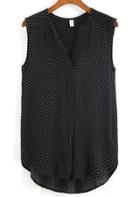 Romwe V Neck Dip Hem Polka Dot Chiffon Black Tank Top