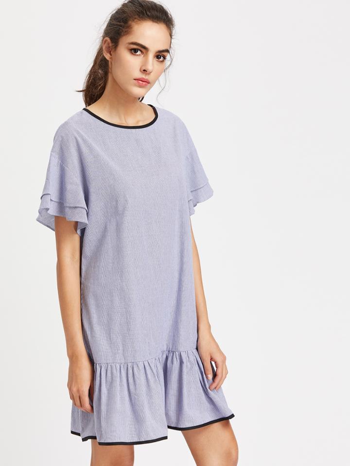 Romwe Contrast Binding Drop Shoulder Striped Ruffle Dress
