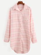 Romwe Pink Dip Hem Striped Shirt Dress With Pocket