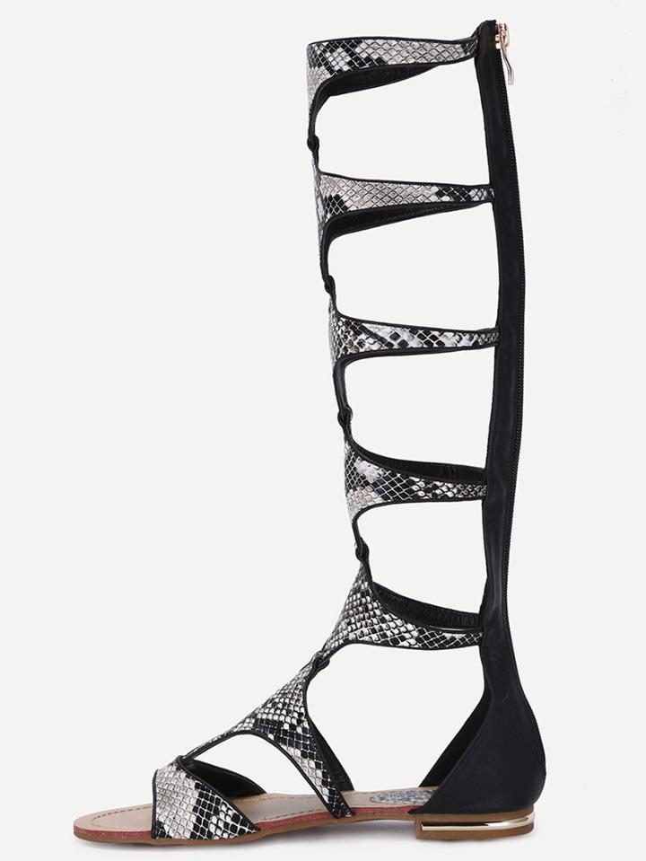 Romwe Snake Embossed Knee-high Cut Out Sandals