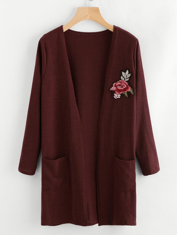 Romwe Embroidered Rose Applique Cardigan Sweater