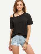 Romwe Black Cold Shoulder Short Sleeve T-shirt