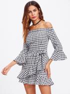 Romwe Ruffle Detail Bardot Self Tie Gingham Dress