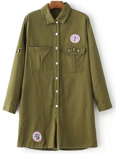 Romwe Army Green Lapel Pocket Applique Siamese Trousers