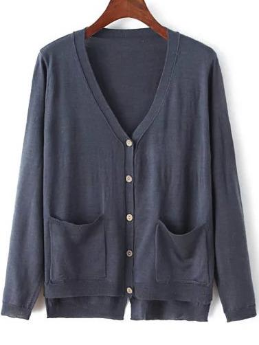 Romwe Dip Hem Pockets Slit Back Navy Cardigan