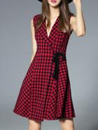 Romwe Red V Neck Check Print A-line Dress