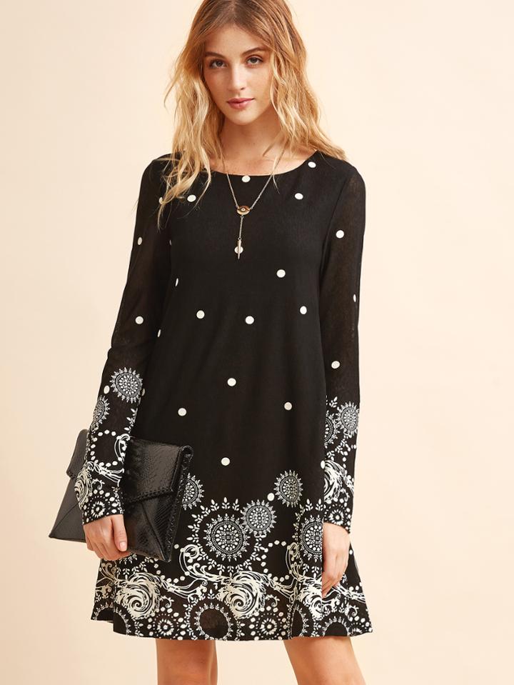 Romwe Black Retro Circle Print Tunic Dress