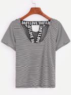 Romwe Black And White Striped Letter Print T-shirt