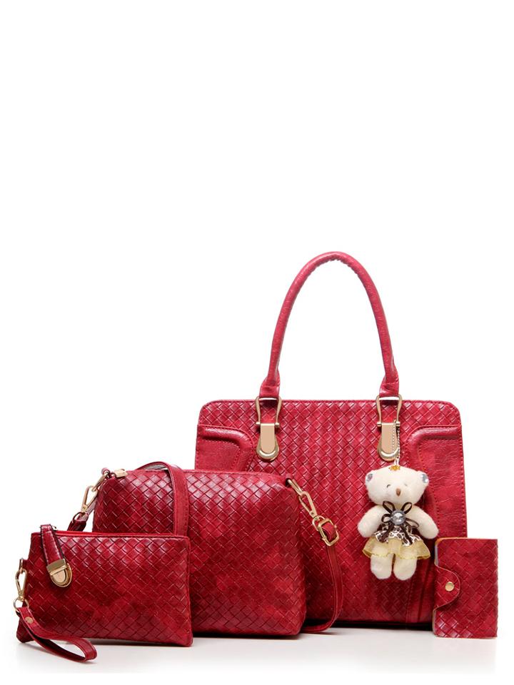 Romwe 4 Pcs Bear Pendant Weave Pattern Bags Set
