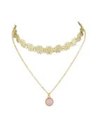 Romwe Gold Hollow Out Flower Shape Choker With Pink Stone Charm Necklace