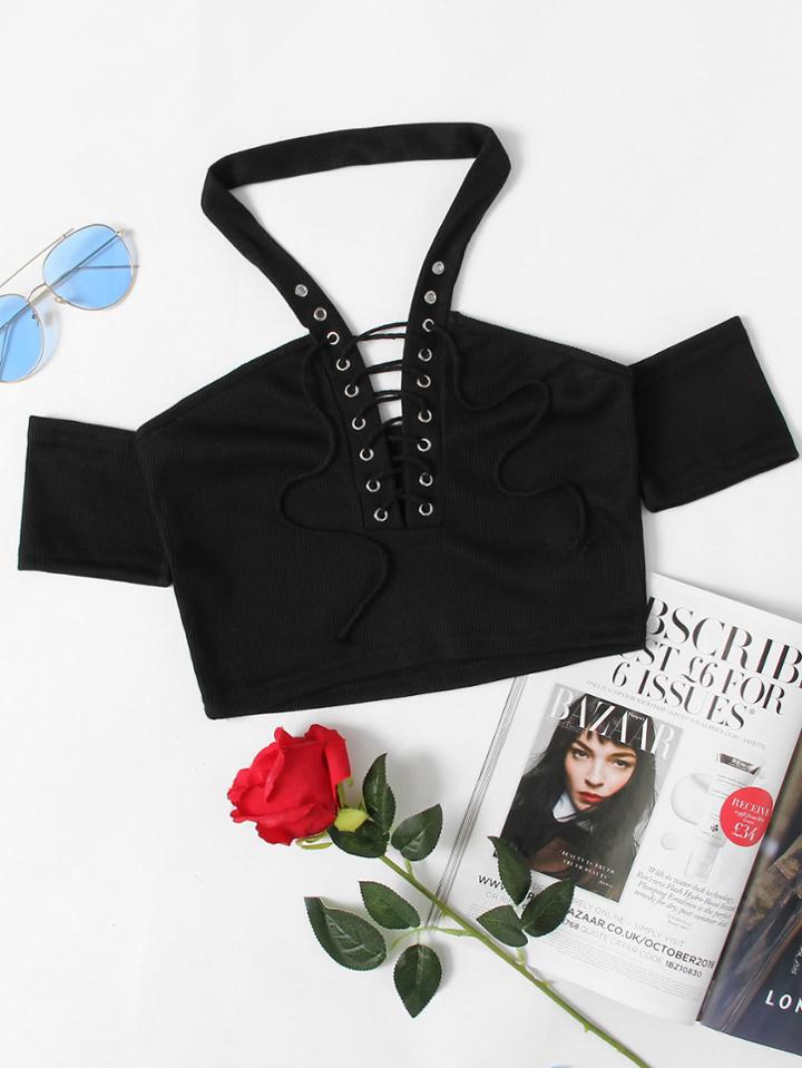 Romwe Eyelet Lace Up Ribbed Halter Tee