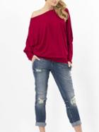 Romwe Bat Sleeve Loose Burgundy T-shirt