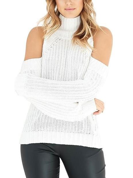 Romwe High Neck Cold Shoulder White Sweater