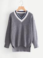 Romwe V Neckline Dip Hem Split Side Sweater