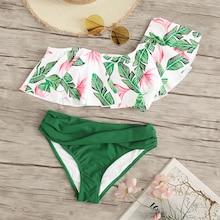 Romwe Random Palm Print One Shoulder Top With Ruched Bikini Set