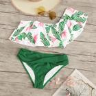 Romwe Random Palm Print One Shoulder Top With Ruched Bikini Set