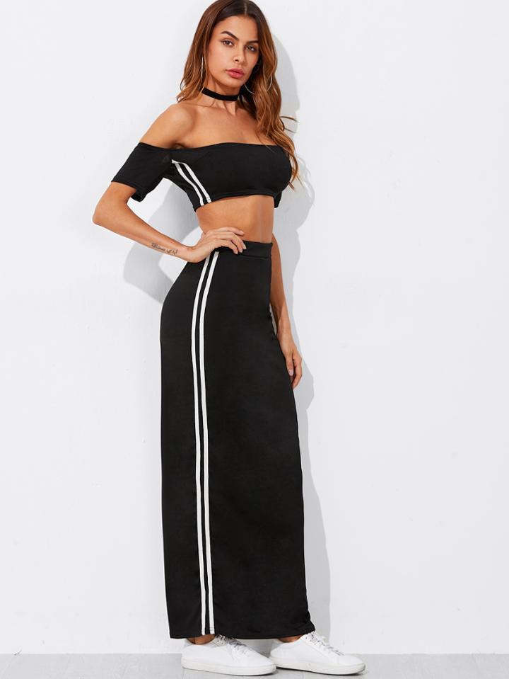 Romwe Bardot Crop Tee With Tape Side Skirt