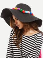 Romwe Black Vacation Pom-pom Large Brimmed Straw Hat