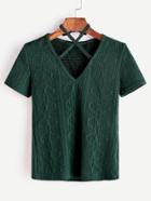 Romwe Green Criss Cross Halter Neck Knitted T-shirt