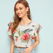 Romwe Tropical Print Butterfly Sleeve Tie Back Blouse