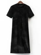 Romwe Black Green Mock Neck Short Sleeve Velvet Dress