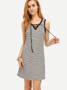 Romwe Black White Stripe Lace-up Shift Dress