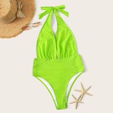 Romwe Neon Lime Plunge Neckline Halter Monokini