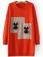 Romwe Contrast Cat Pattern Jersey Orange Sweater Dress