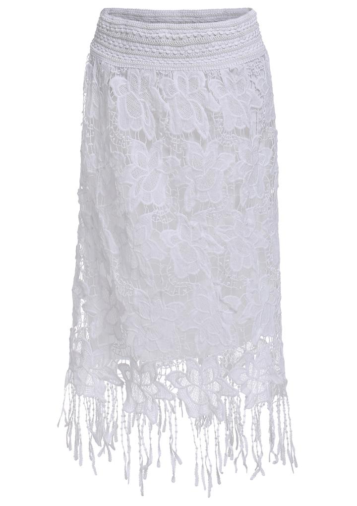 Romwe Elastic Waist With Tassel Lace White Skirt