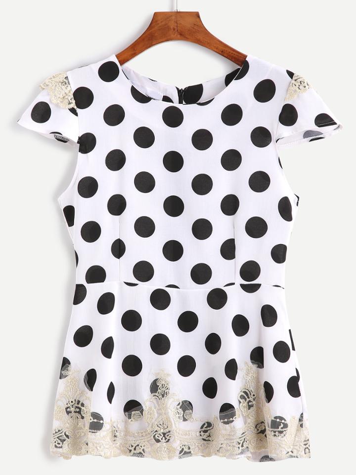 Romwe White Polka Dot Print Cap Sleeve Lace Applique Top