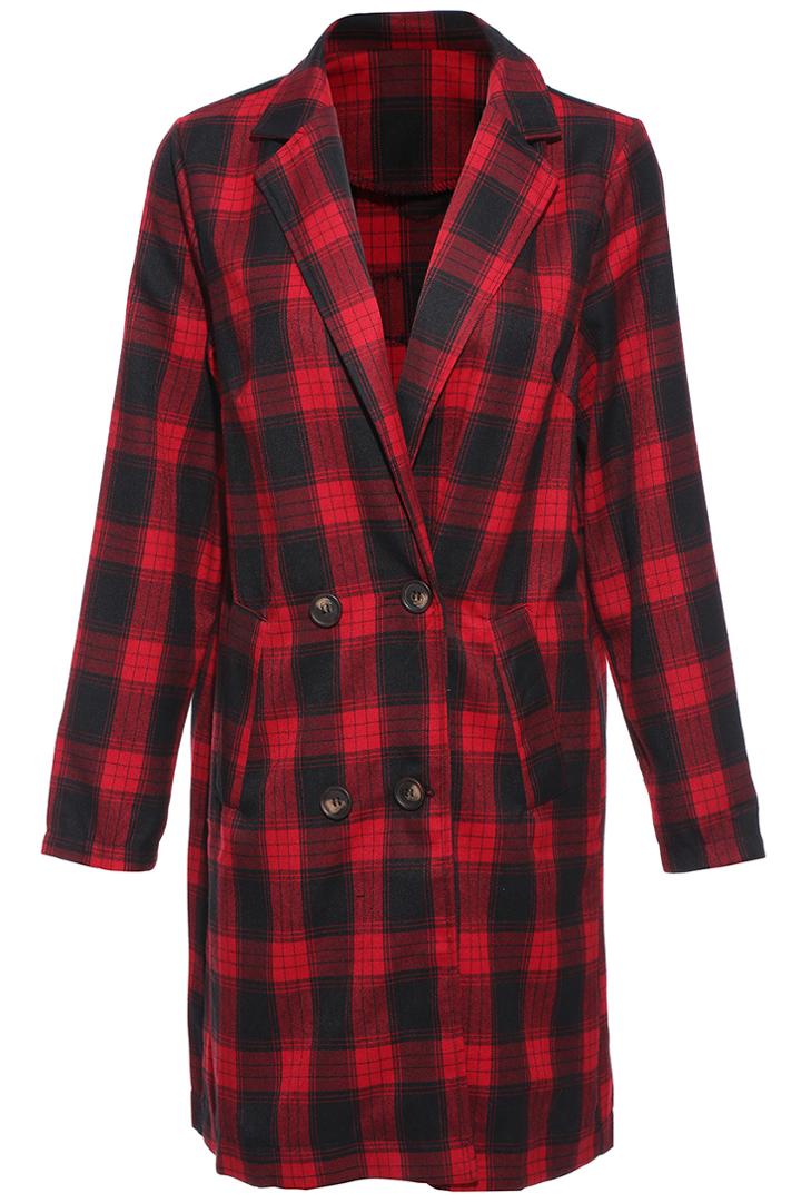 Romwe British Plaid Coat-black & Red