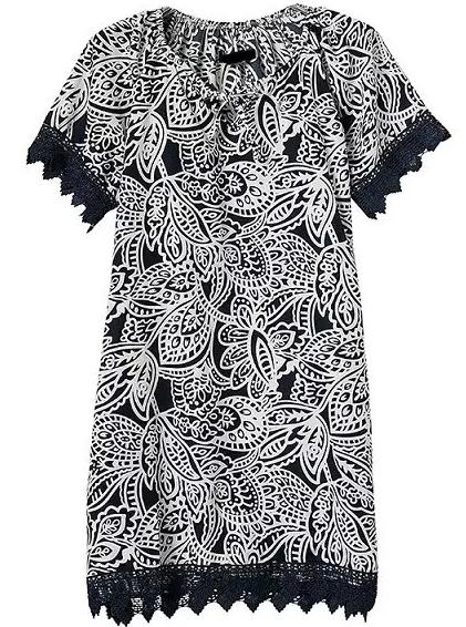 Romwe Short Sleeve Lace Edge Print Black Dress