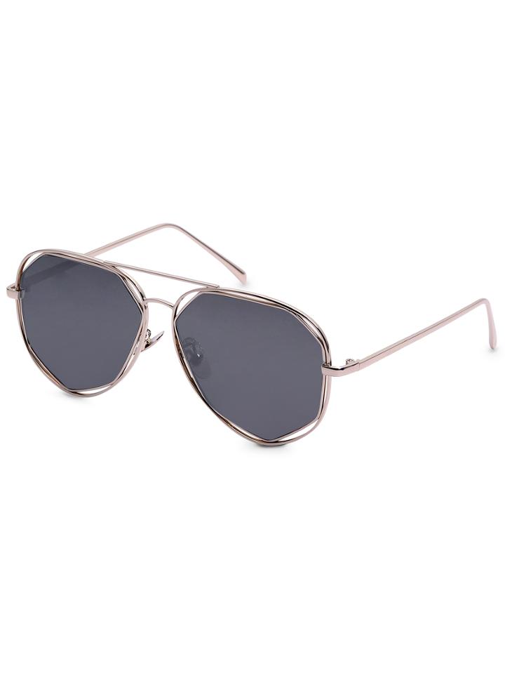 Romwe Gold Geometric Metal Frame Double Bridge Sunglasses