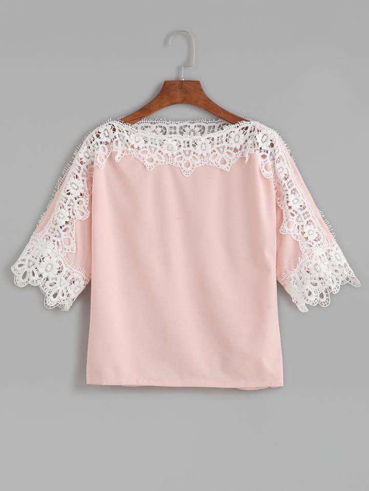 Romwe Pink Contrast Crochet Trim Hollow Out T-shirt