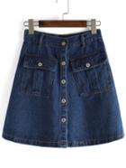 Romwe Pockets Single Breasted Denim A-line Blue Skirt