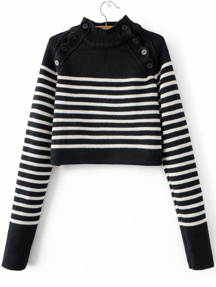 Romwe Black Striped Button Detail Mock Neck Sweater