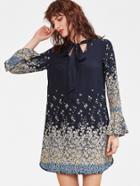 Romwe Navy Floral Print Tie Neck Bell Sleeve A Line Dress