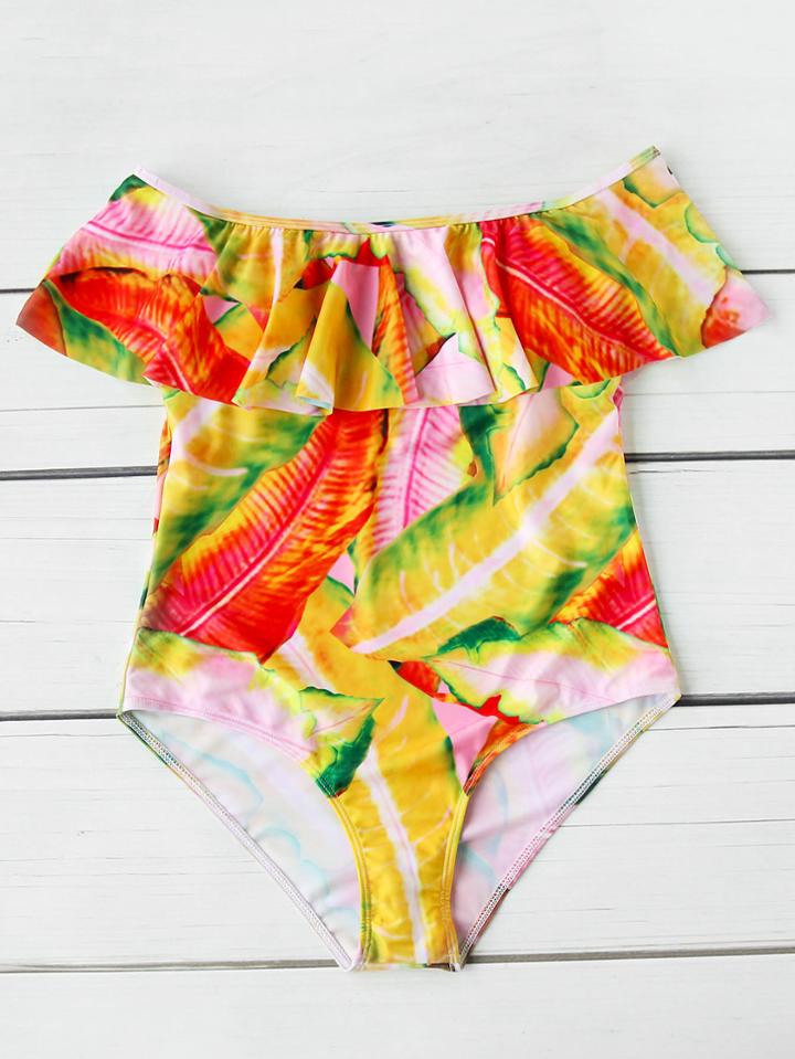 Romwe Leaf Print Flounce Layered Neckline One Piece Swimwear