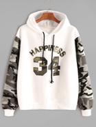 Romwe Contrast Camo Sleeve Varsity Print Hooded Sweatshirt