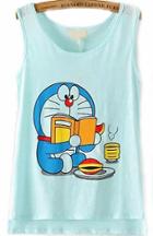 Romwe Dip Hem Doraemon Print Pale Blue Tank Top