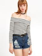 Romwe Black White Fold Off The Shoulder T-shirt