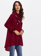 Romwe Floral Embroidered Dip Hem Long Shirt